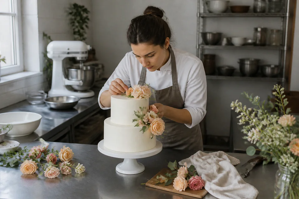 Gâteau de mariage préparé dans un atelier — illustration générée par IA
