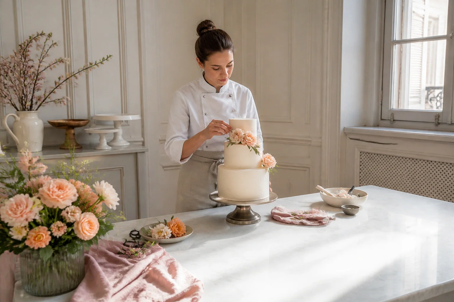 Gâteau de mariage préparé dans un atelier — illustration générée par IA
