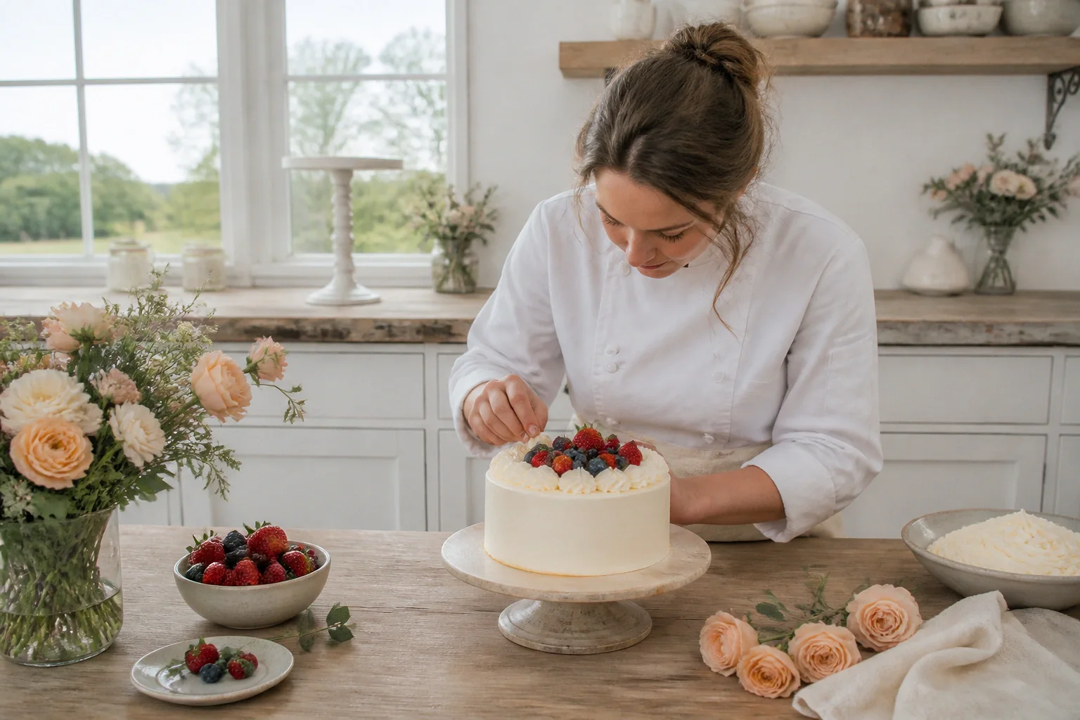 Gâteau de mariage préparé dans un atelier — illustration générée par IA