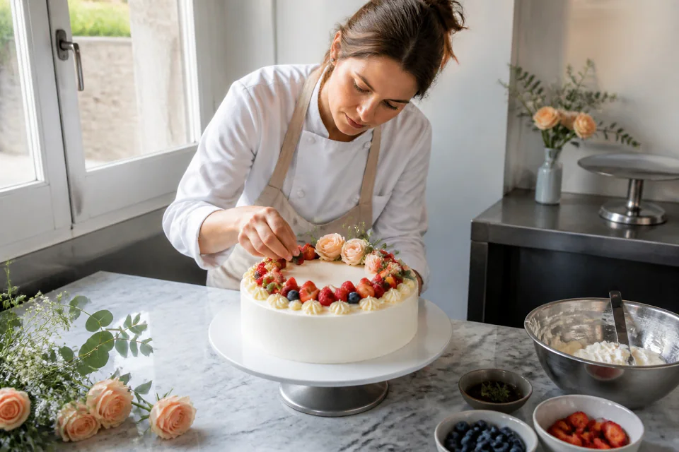 Gâteau de mariage préparé dans un atelier — illustration générée par IA