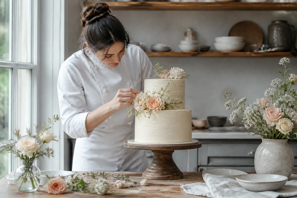 Gâteau de mariage préparé dans un atelier — illustration générée par IA