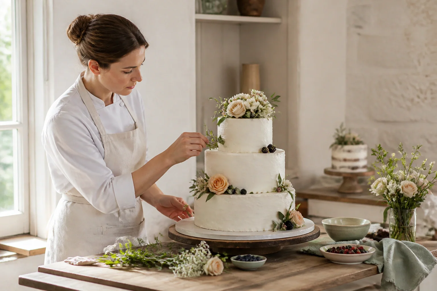 Gâteau de mariage préparé dans un atelier — illustration générée par IA