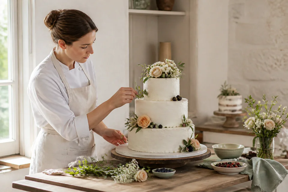 Gâteau de mariage préparé dans un atelier — illustration générée par IA