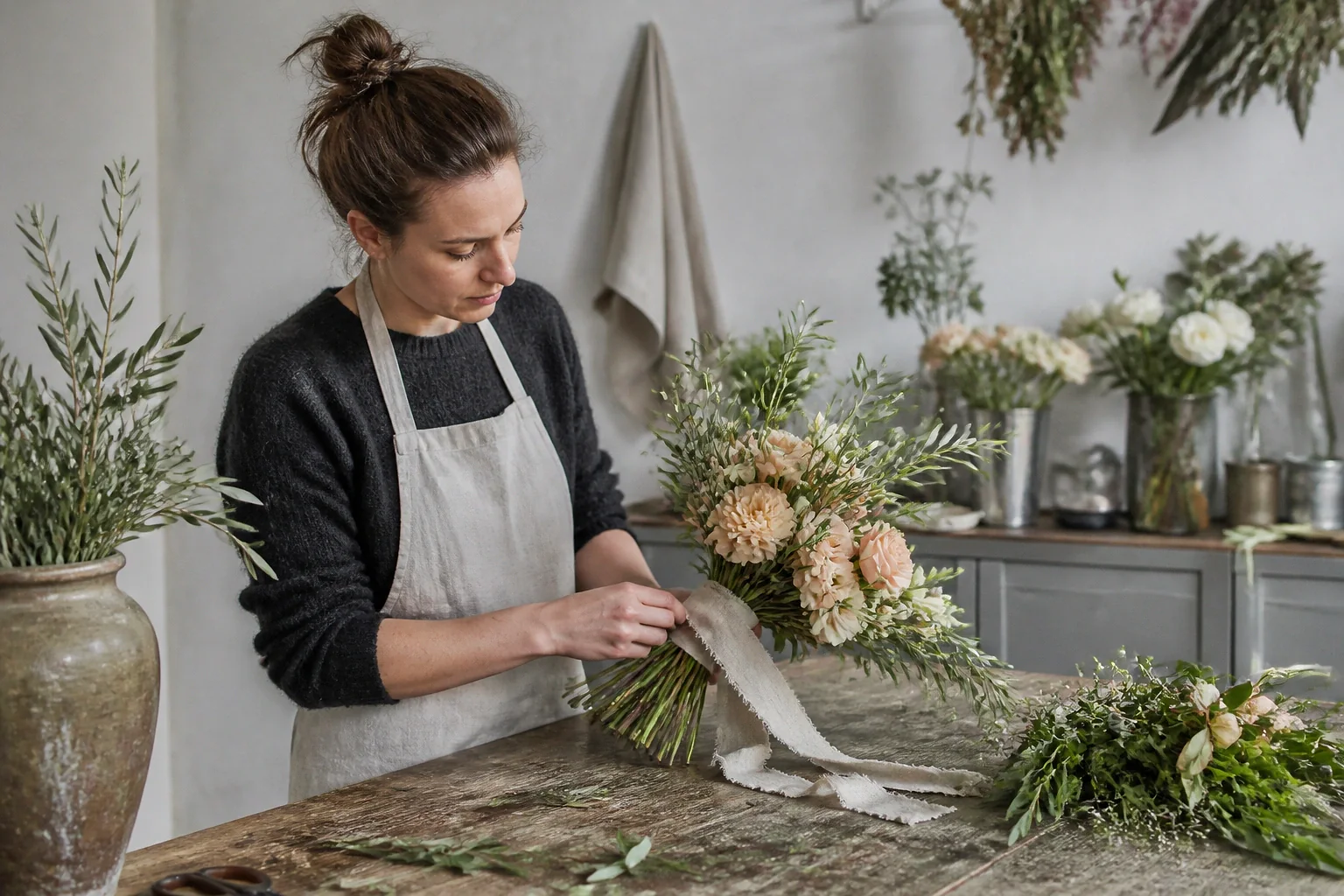 Préparation florale pour un mariage — illustration générée par IA