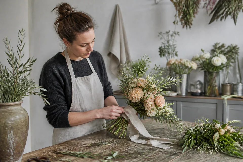Préparation florale pour un mariage — illustration générée par IA