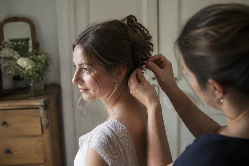Coiffure de cérémonie vue pendant la préparation — illustration générée par IA