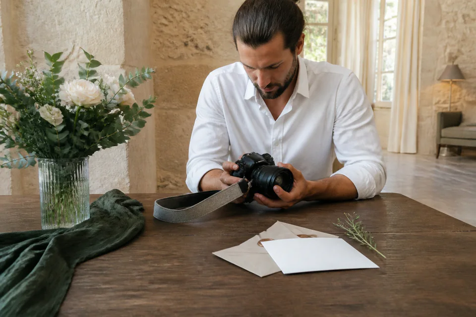 Appareil photo et accessoires de reportage de mariage — illustration générée par IA