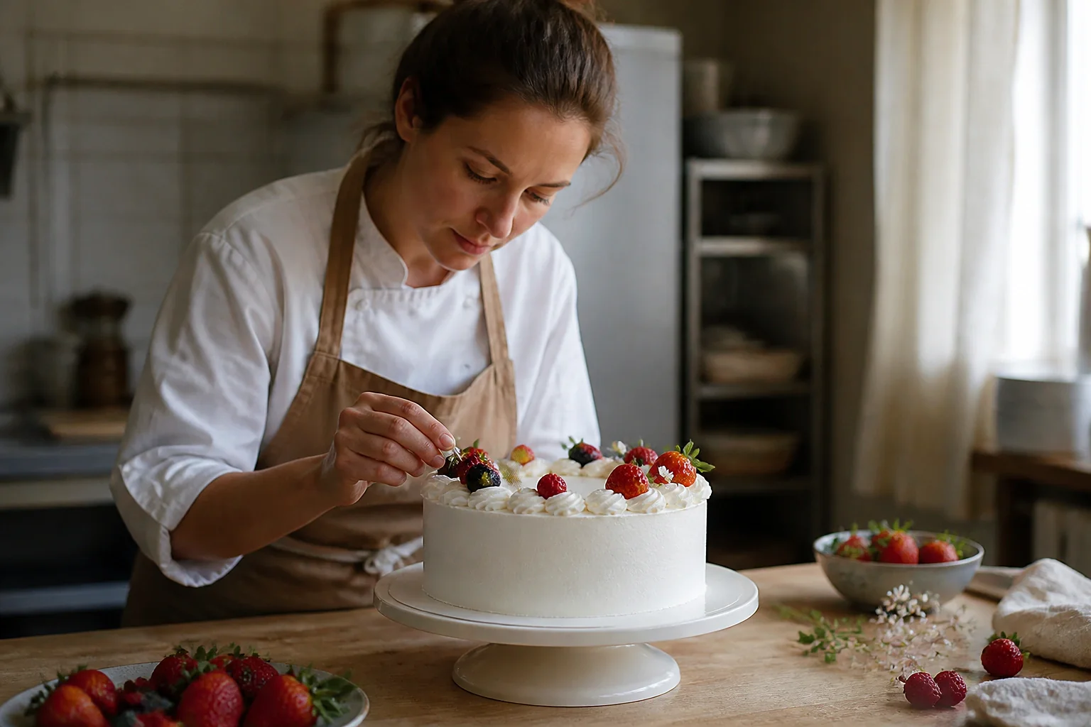 Gâteau de mariage préparé dans un atelier — illustration générée par IA