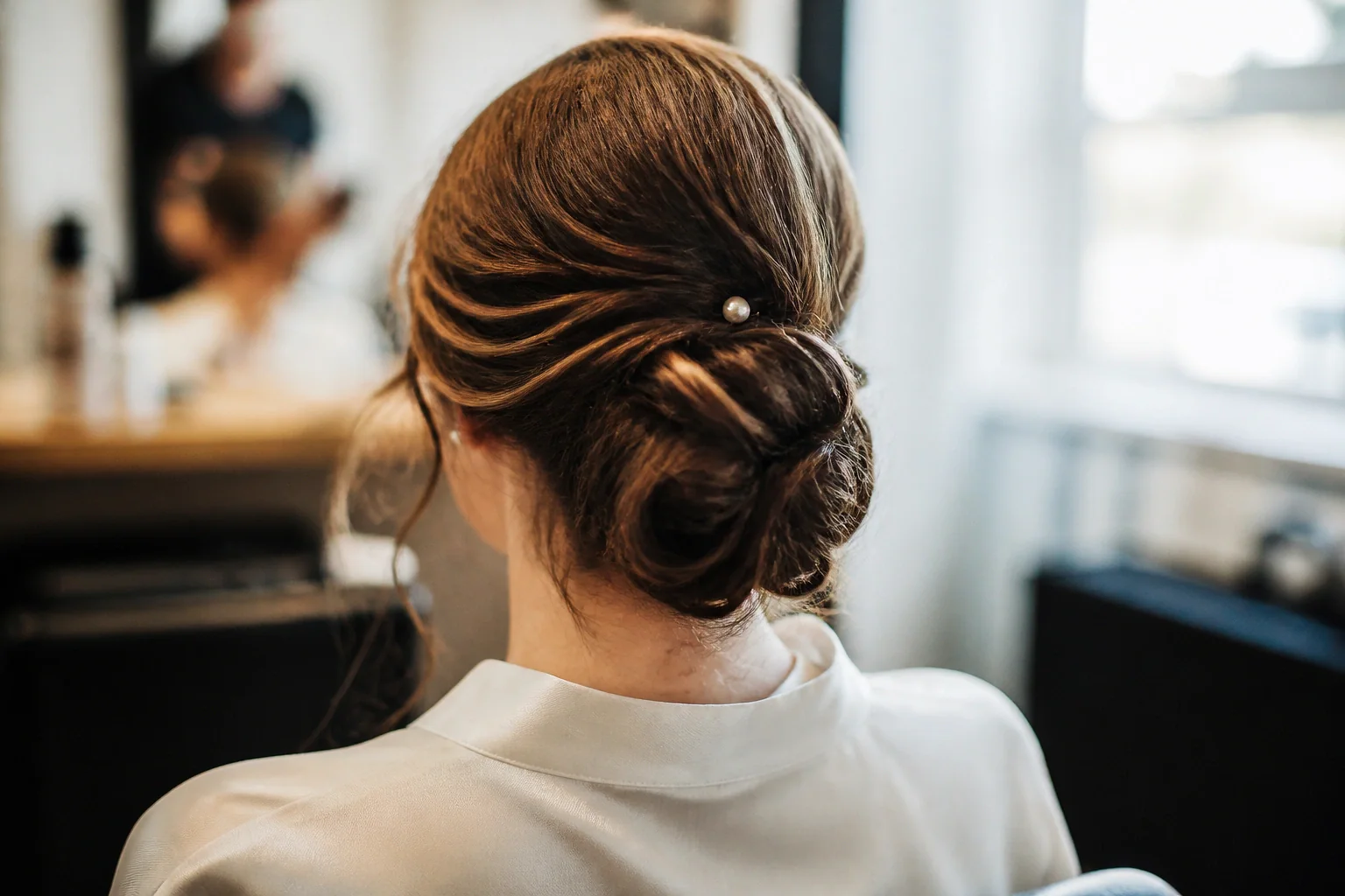 Chignon de cérémonie avec une épingle discrète — illustration générée par IA