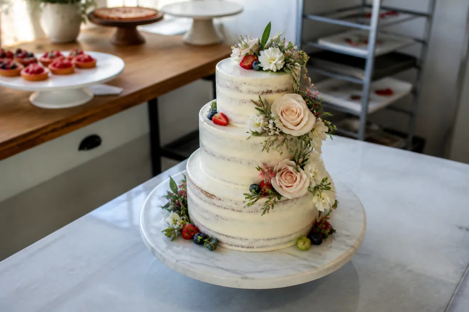 Gâteau de mariage préparé dans un atelier — illustration générée par IA