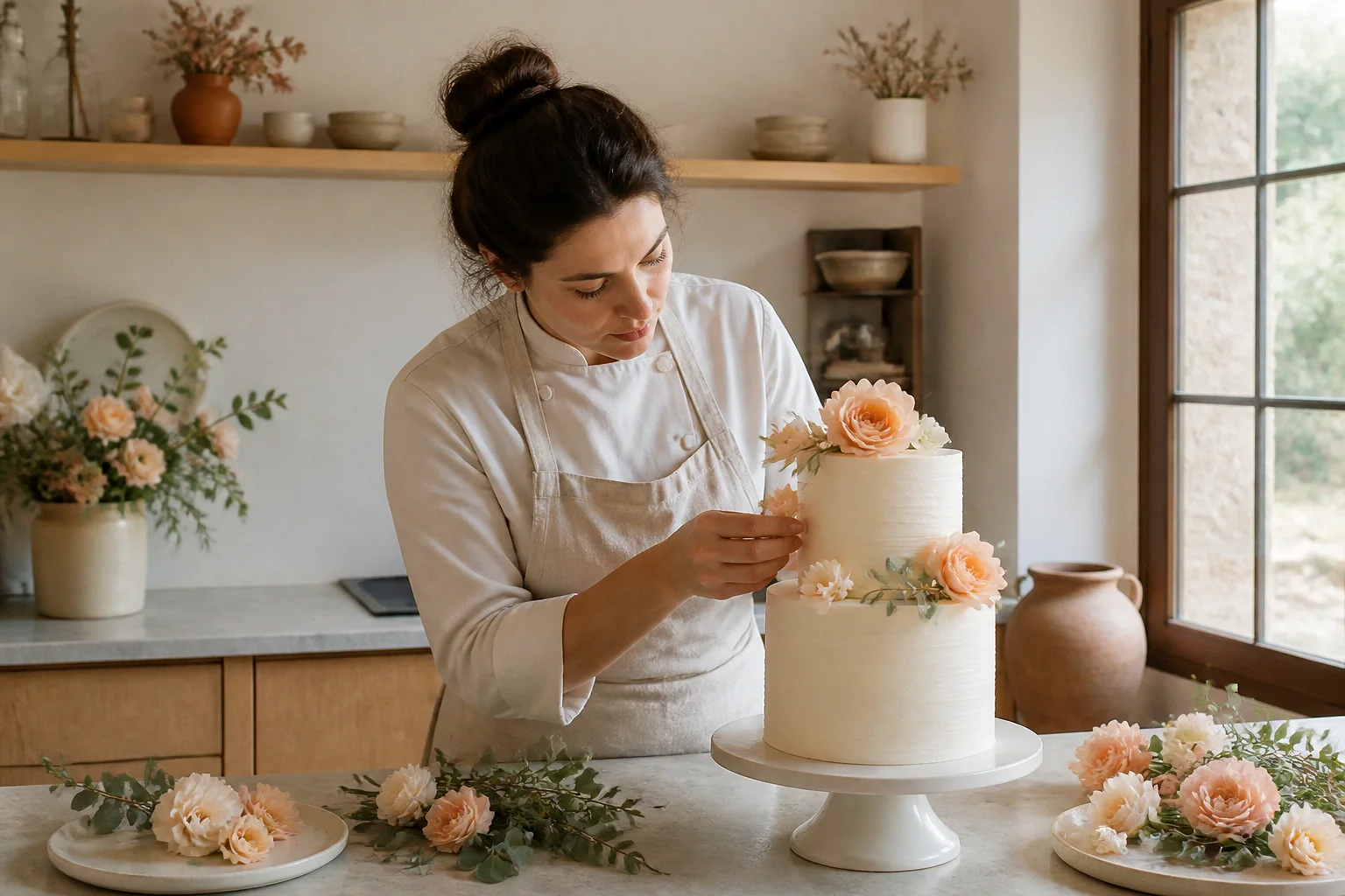 Gâteau de mariage préparé dans un atelier — illustration générée par IA