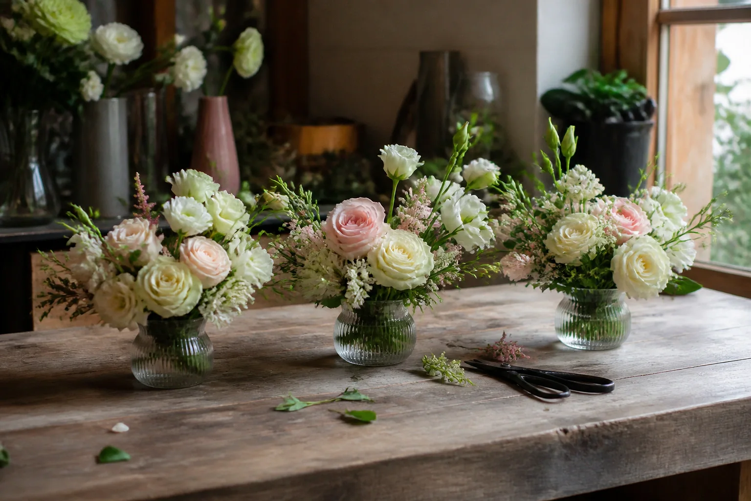 Préparation florale pour un mariage — illustration générée par IA