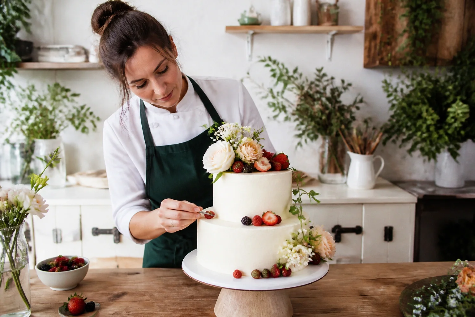 Gâteau de mariage préparé dans un atelier — illustration générée par IA
