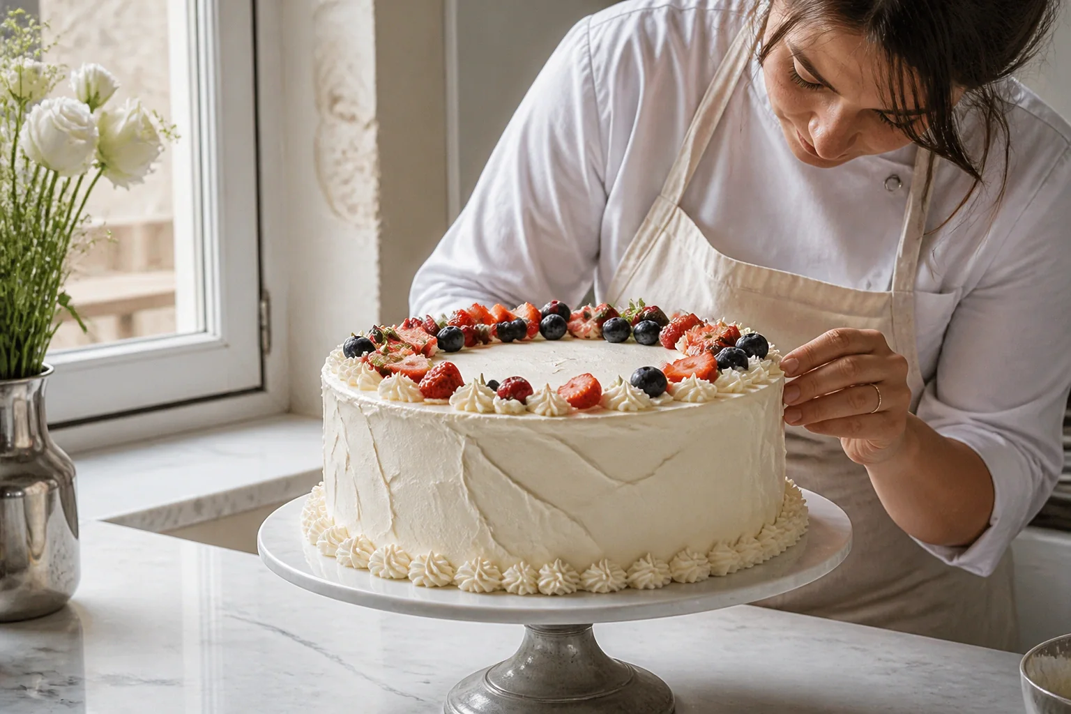 Gâteau de mariage préparé dans un atelier — illustration générée par IA