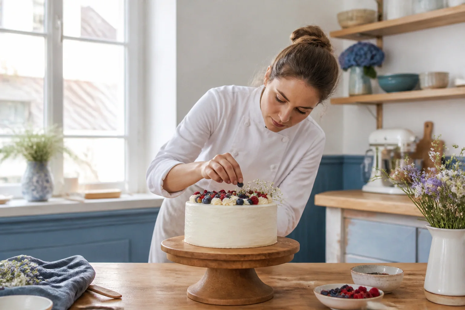 Gâteau de mariage préparé dans un atelier — illustration générée par IA