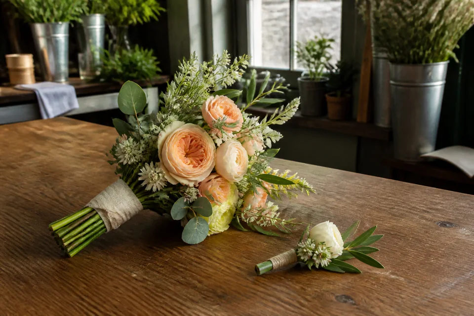 Préparation florale pour un mariage — illustration générée par IA
