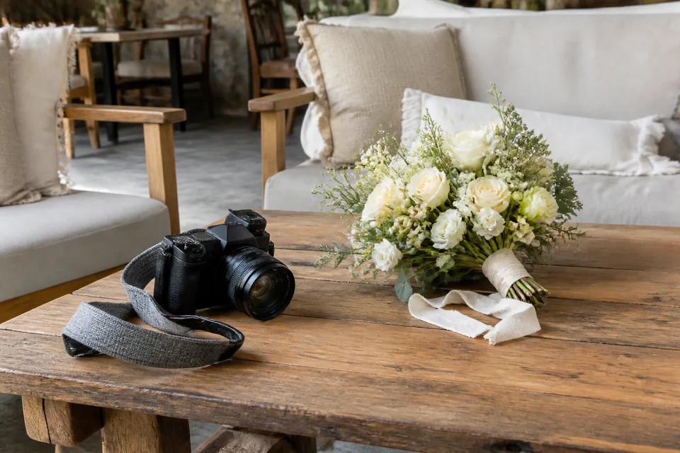 Appareil photo et accessoires de reportage de mariage — illustration générée par IA