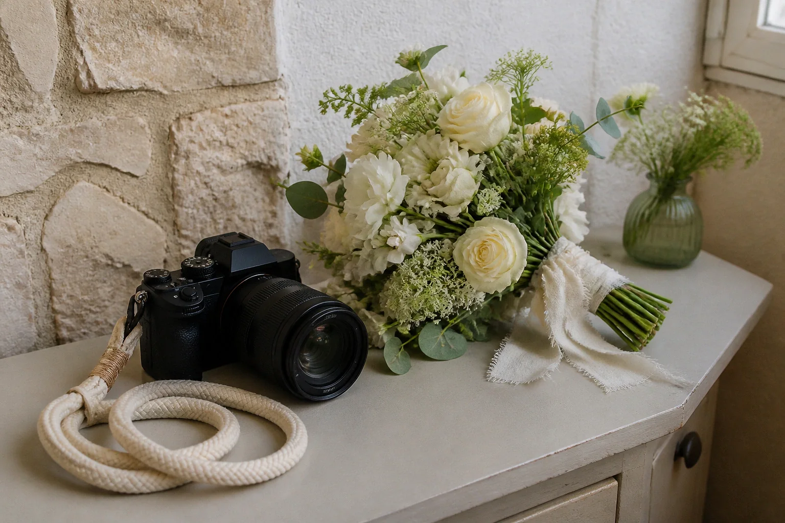 Appareil photo et accessoires de reportage de mariage — illustration générée par IA