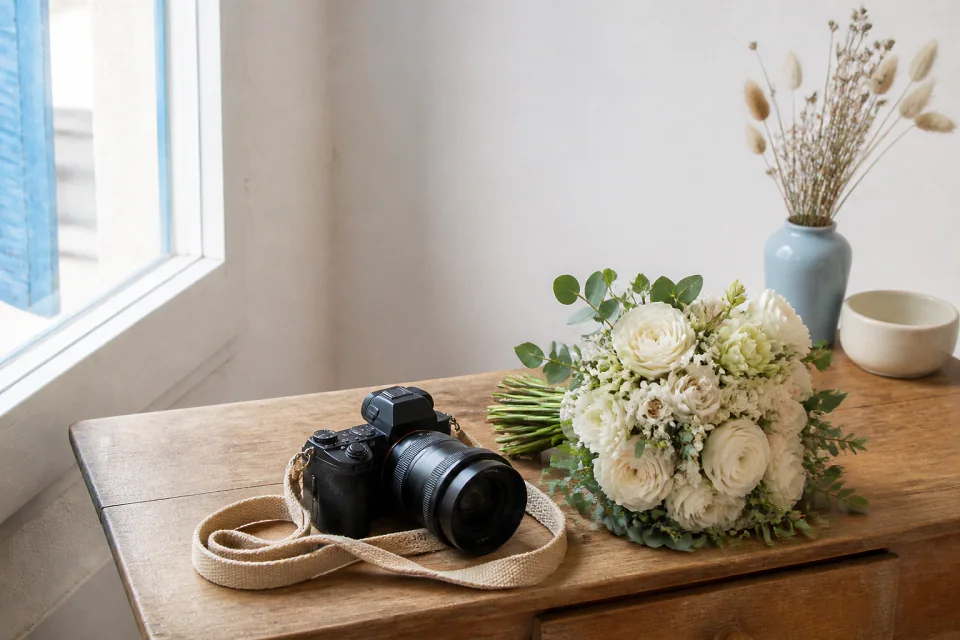 Appareil photo et accessoires de reportage de mariage — illustration générée par IA
