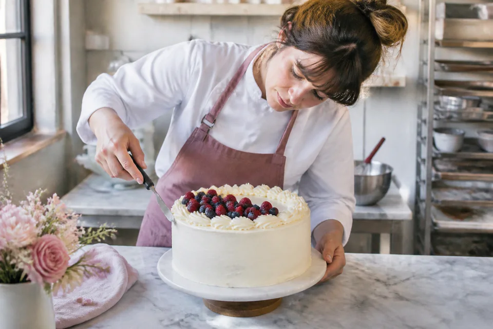Gâteau de mariage préparé dans un atelier — illustration générée par IA
