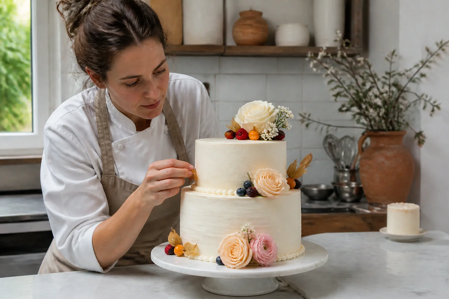 Gâteau de mariage préparé dans un atelier — illustration générée par IA