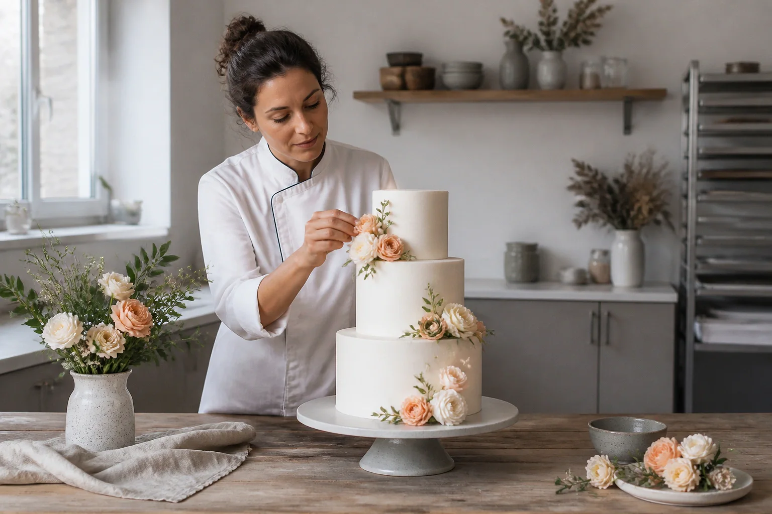 Gâteau de mariage préparé dans un atelier — illustration générée par IA