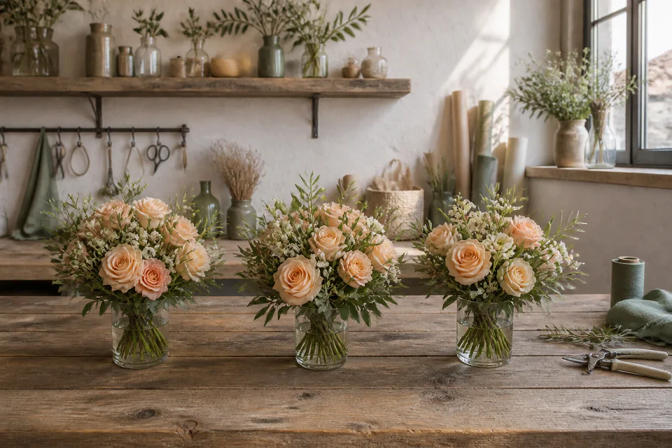 Préparation florale pour un mariage — illustration générée par IA