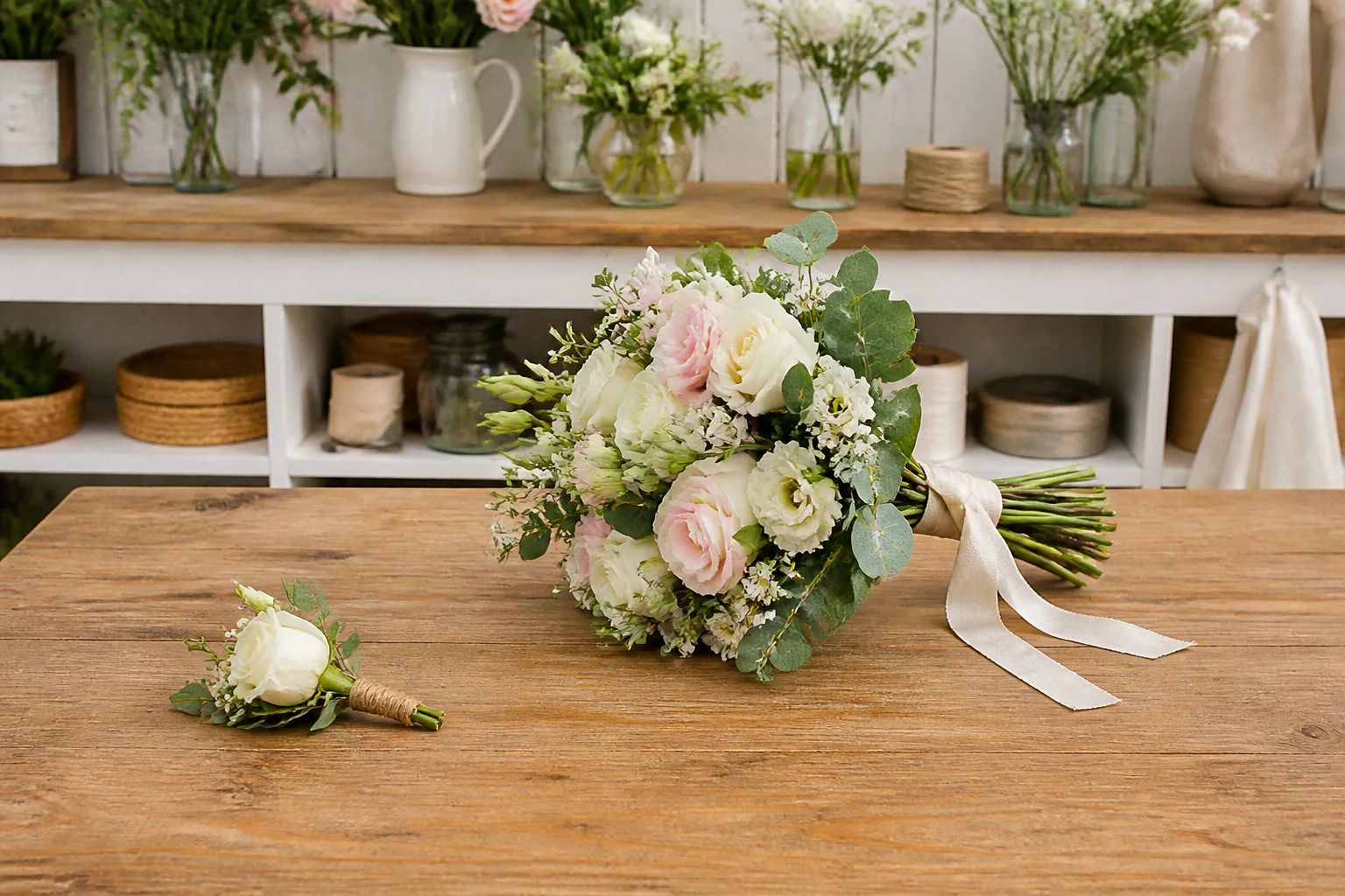 Préparation florale pour un mariage — illustration générée par IA