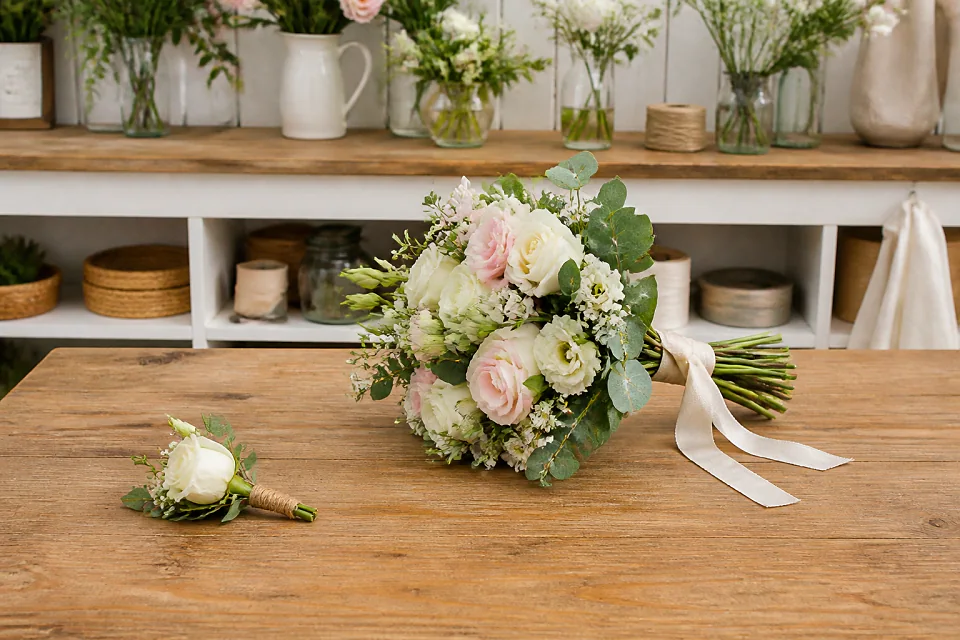 Préparation florale pour un mariage — illustration générée par IA