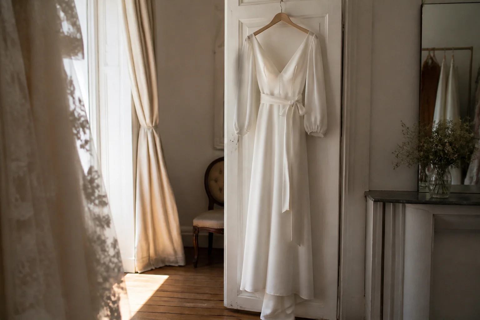 Robe de mariée dans un atelier de confection — illustration générée par IA