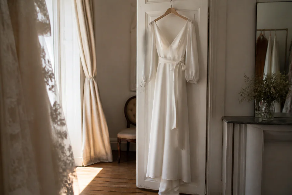 Robe de mariée dans un atelier de confection — illustration générée par IA