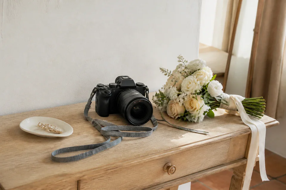 Appareil photo et accessoires de reportage de mariage — illustration générée par IA