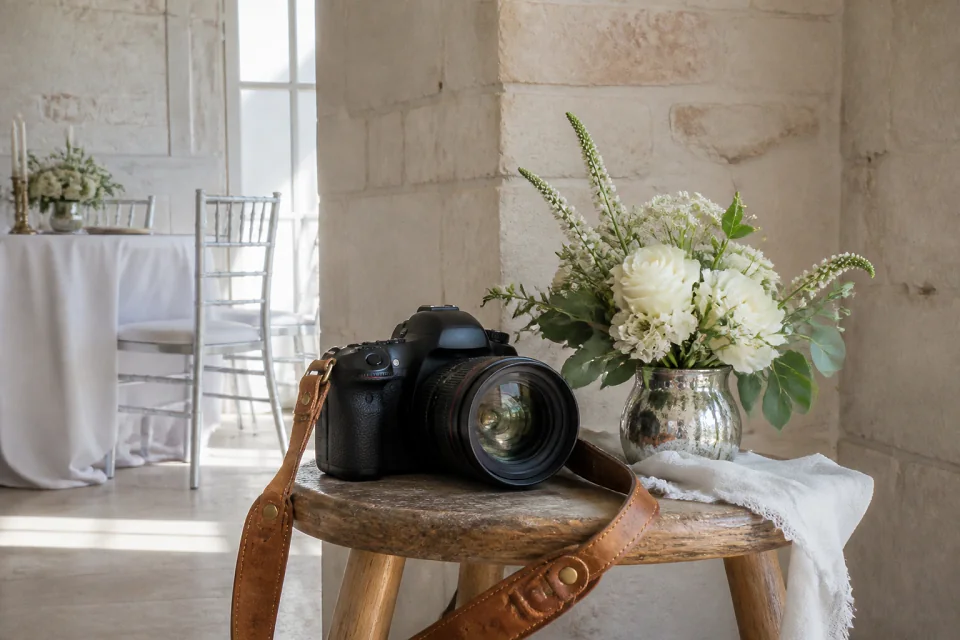 Appareil photo et accessoires de reportage de mariage — illustration générée par IA