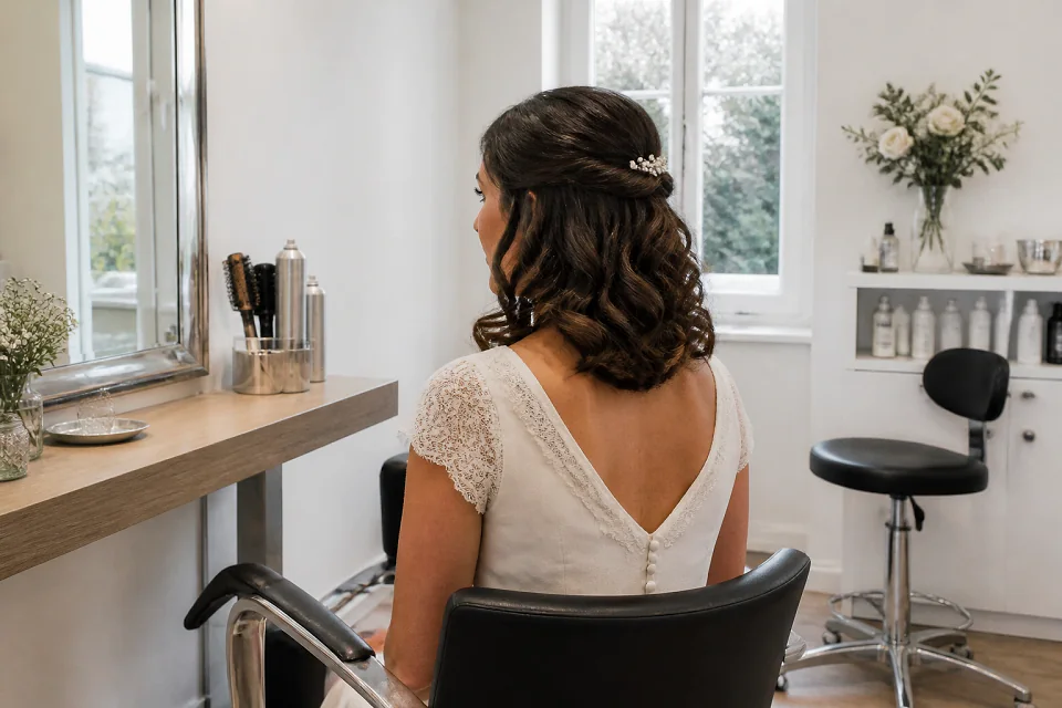 Coiffure de cérémonie vue pendant la préparation — illustration générée par IA