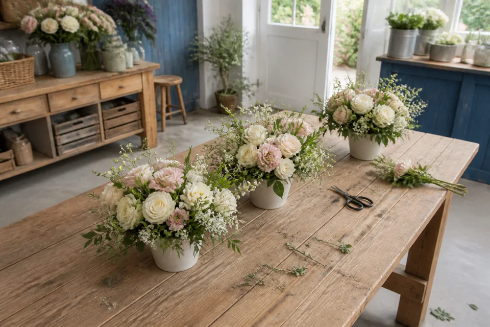 Préparation florale pour un mariage — illustration générée par IA