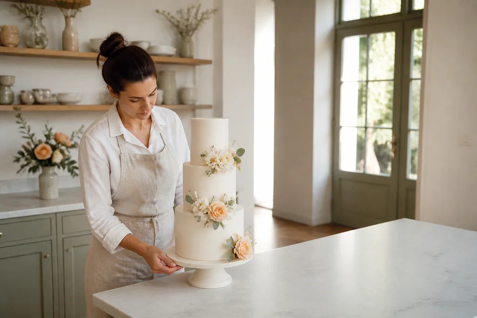 Gâteau de mariage préparé dans un atelier — illustration générée par IA