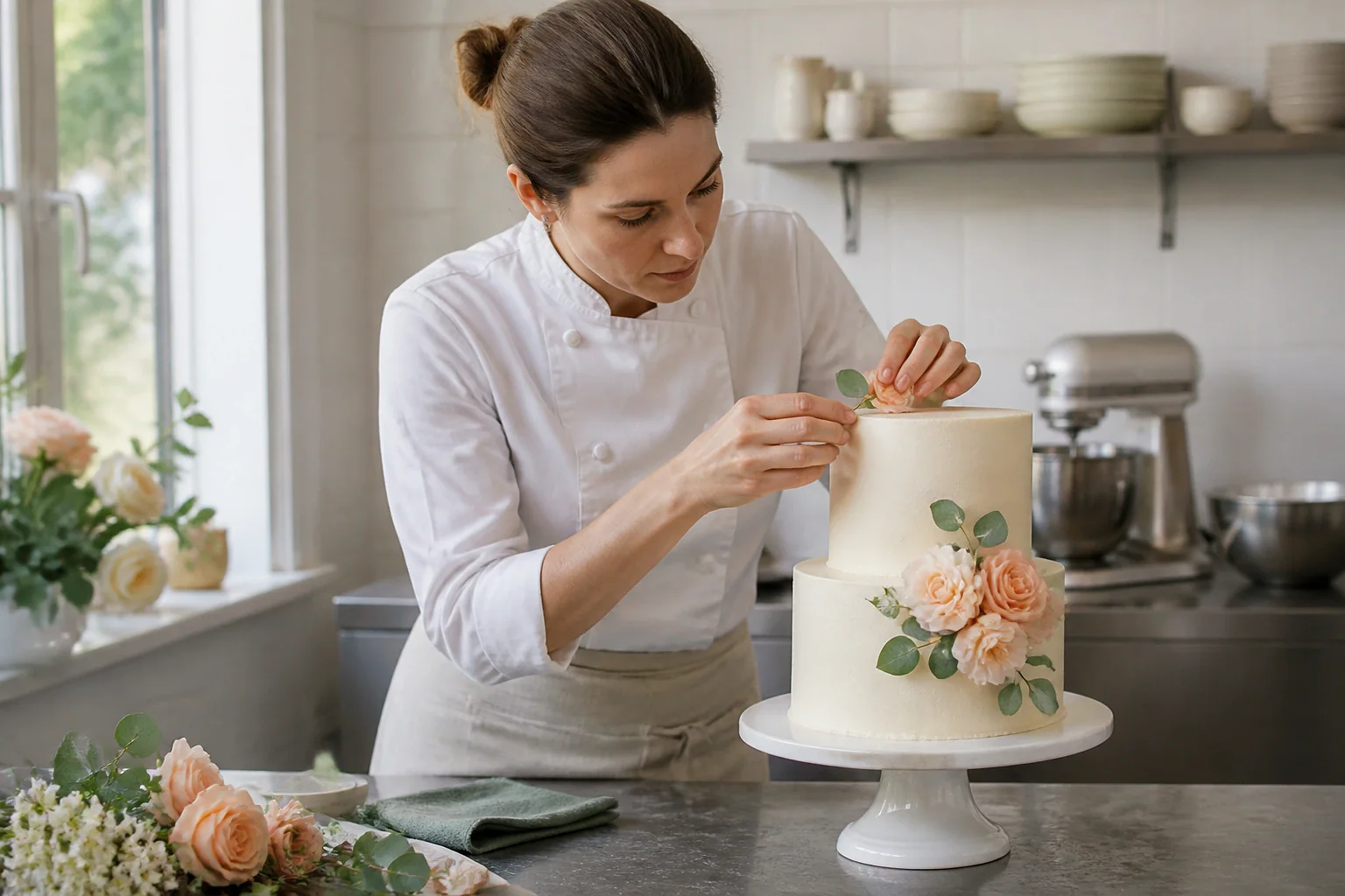 Gâteau de mariage préparé dans un atelier — illustration générée par IA