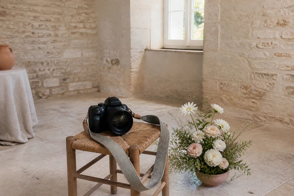 Appareil photo et accessoires de reportage de mariage — illustration générée par IA