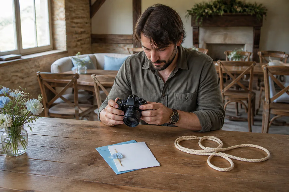 Appareil photo et accessoires de reportage de mariage — illustration générée par IA
