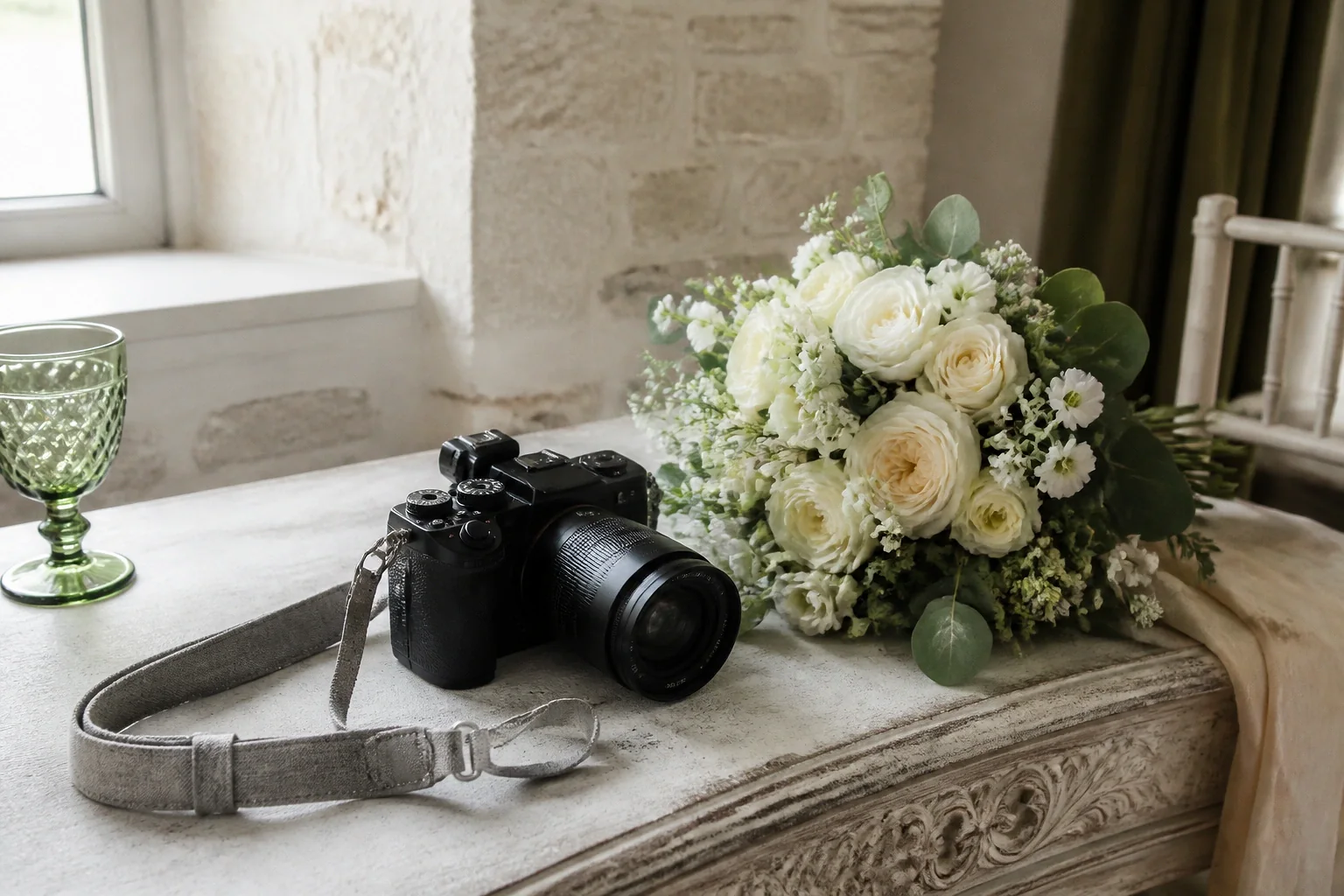 Appareil photo et accessoires de reportage de mariage — illustration générée par IA