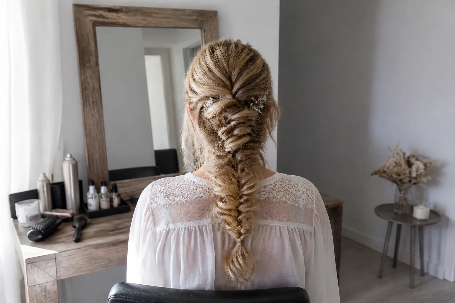 Coiffure de cérémonie vue pendant la préparation — illustration générée par IA
