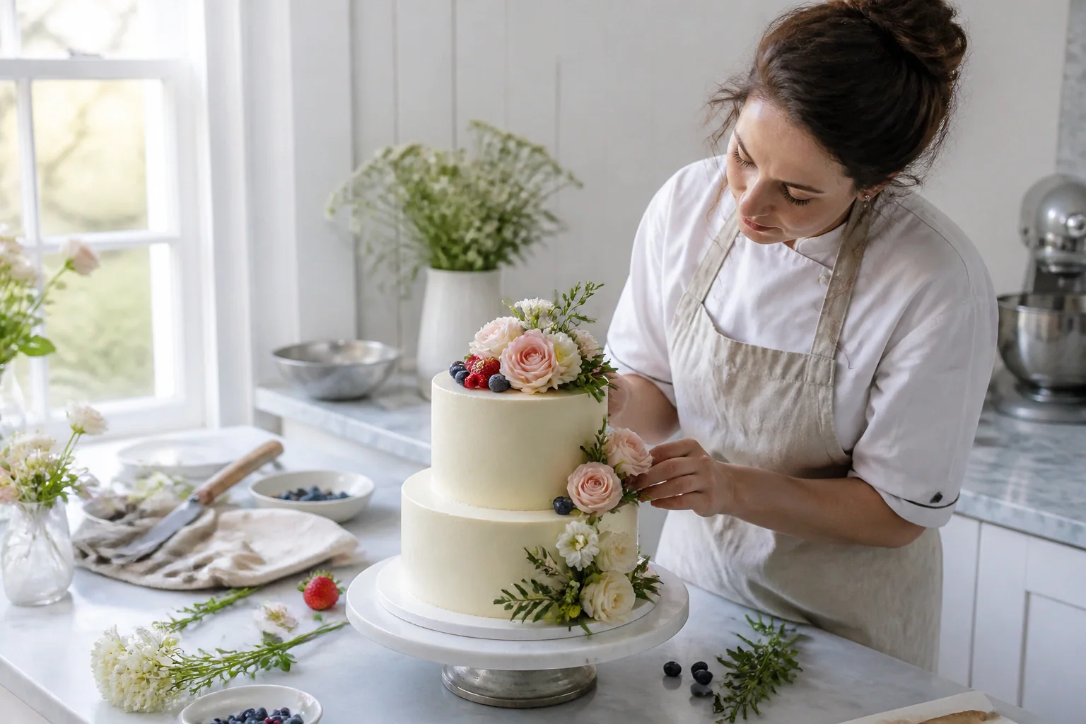 Gâteau de mariage préparé dans un atelier — illustration générée par IA