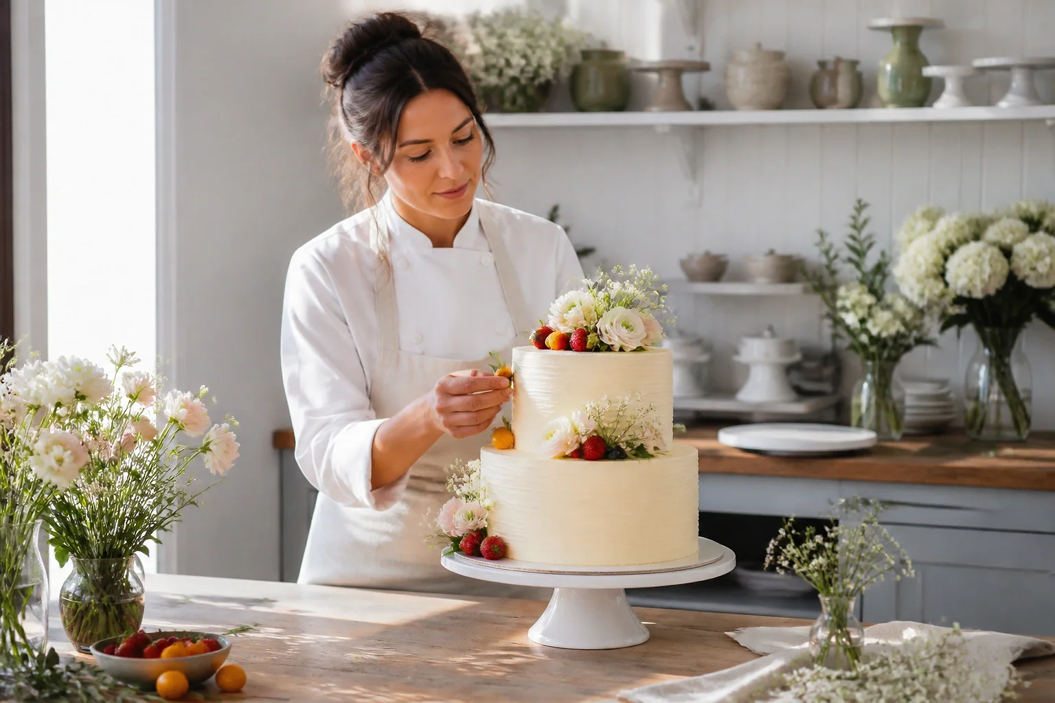 Gâteau de mariage préparé dans un atelier — illustration générée par IA