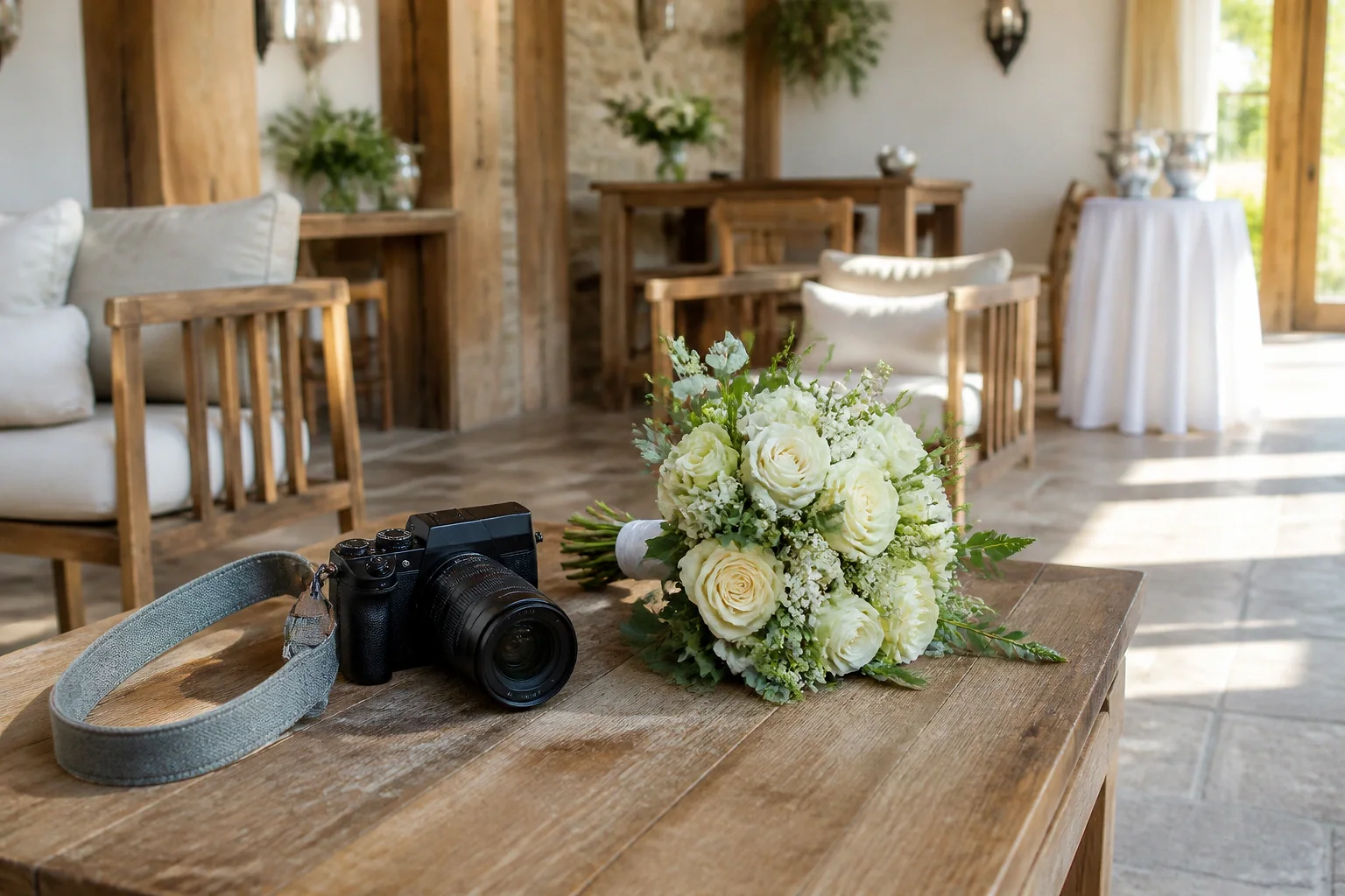 Appareil photo et accessoires de reportage de mariage — illustration générée par IA