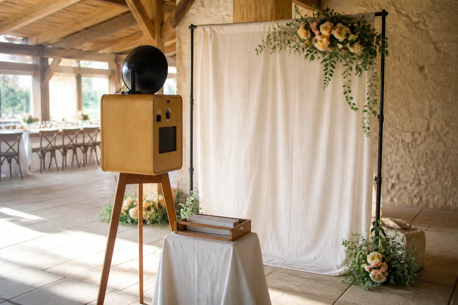 Borne photo installée pour une réception de mariage — illustration générée par IA