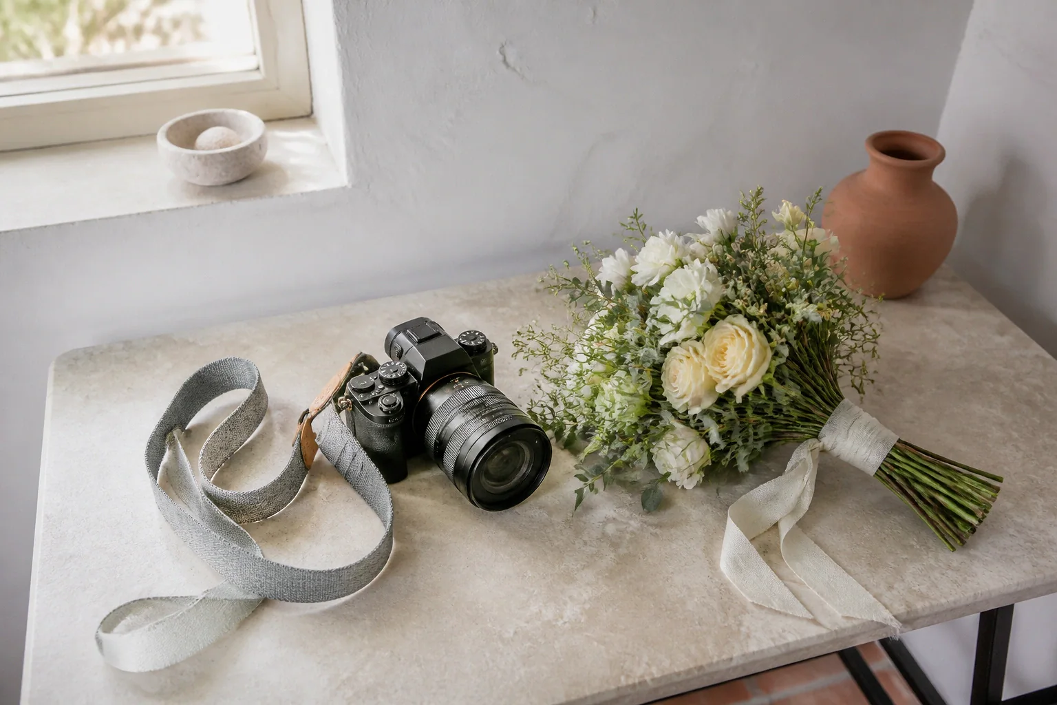 Appareil photo et accessoires de reportage de mariage — illustration générée par IA