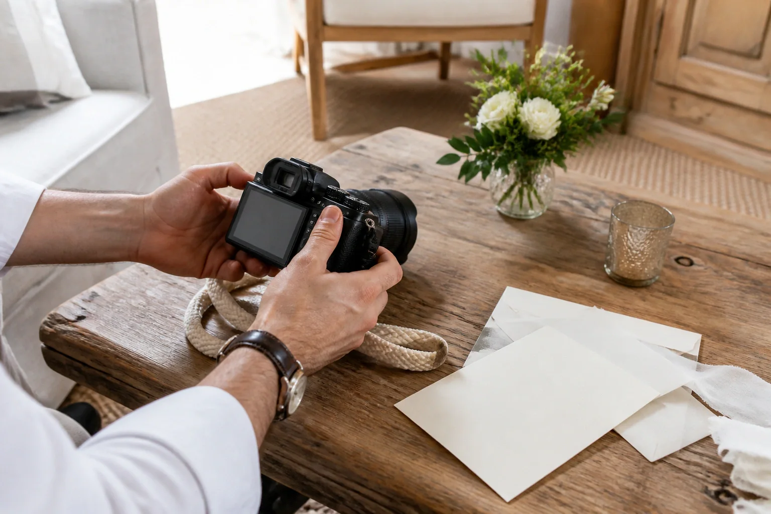 Appareil photo et accessoires de reportage de mariage — illustration générée par IA