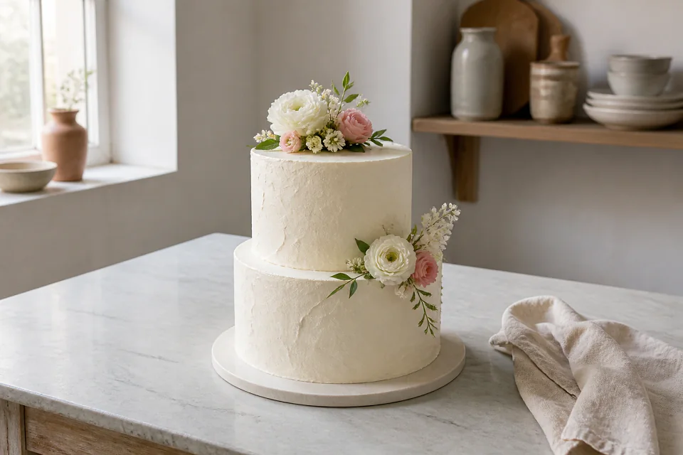 Gâteau de mariage préparé dans un atelier — illustration générée par IA