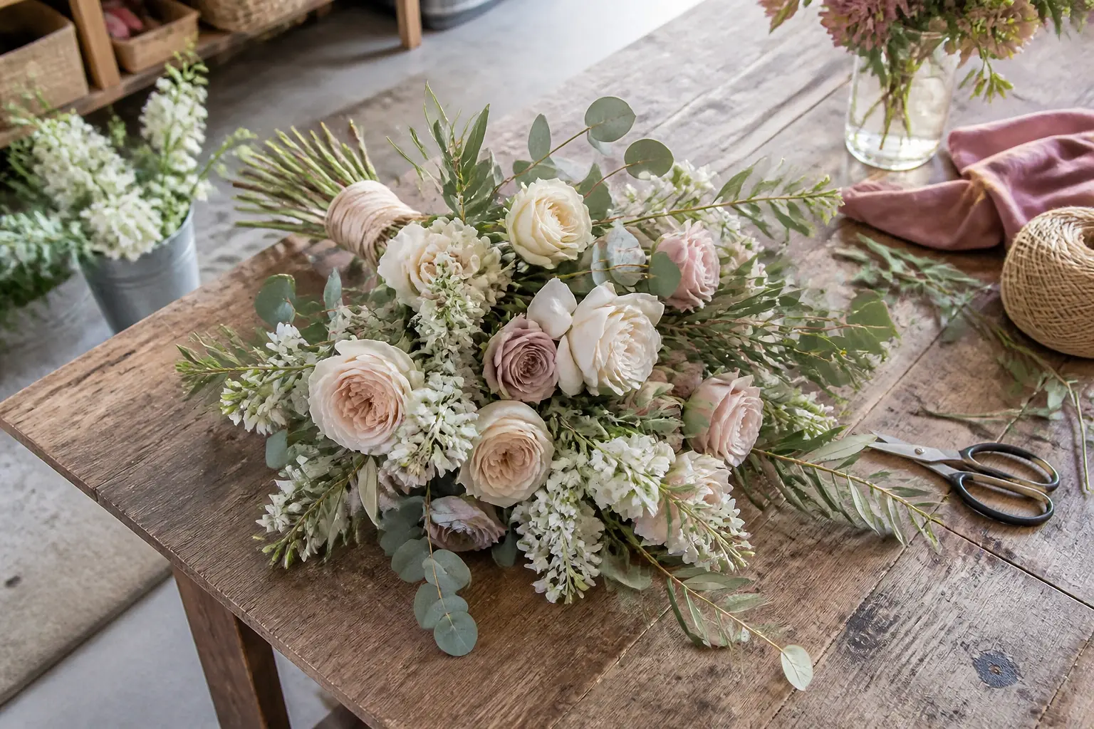 Préparation florale pour un mariage — illustration générée par IA