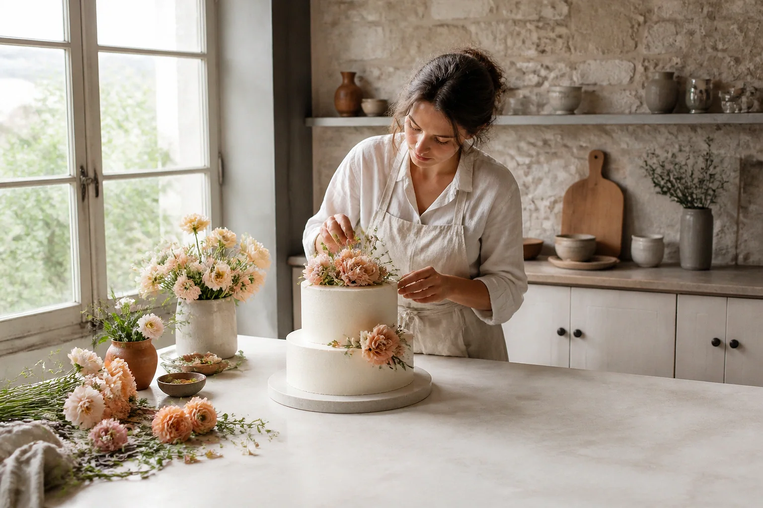 Gâteau de mariage préparé dans un atelier — illustration générée par IA